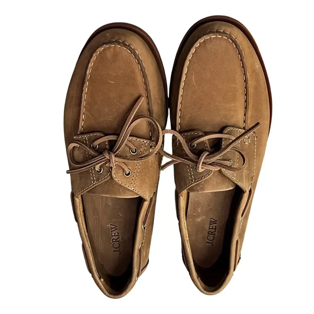 J. Crew Men's Leather Boat Shoes Comfort Round-Toe Leather Oil Tan Size 10 NWOB